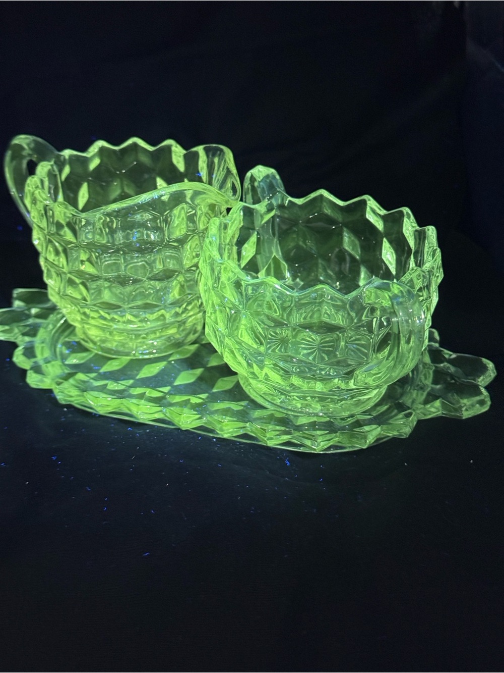 *GLOWS* Vintage Fostoria Cream & Sugar with Serving Tray - 3 Piece Set